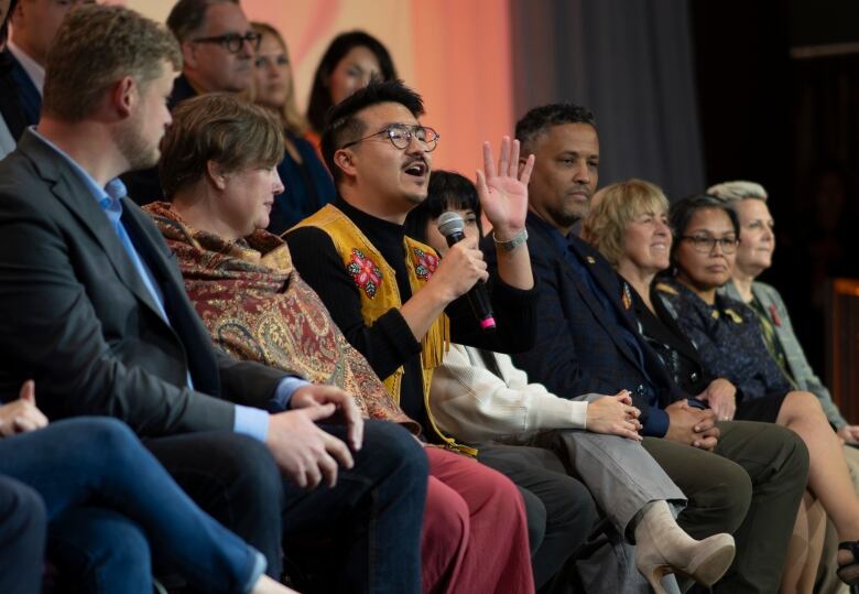 NDP MP Blake Desjarlais, Edmonton Griesbach, speaks during a  showcase question and answer session with the NDP caucus moderated by NDP Leader Jagmeet Singh during the NDP Convention in Hamilton, Ont. on Friday, October 13, 2023. THE CANADIAN PRESS/Peter Power