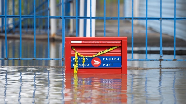 A red mail box is surrounded by flood water.