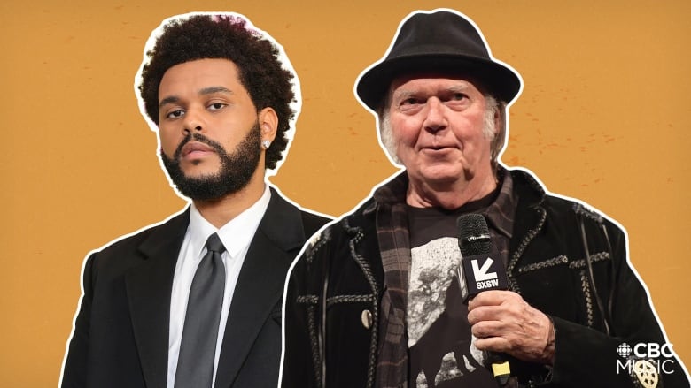 A collage of two musicians, from left: the Weeknd and Neil Young.