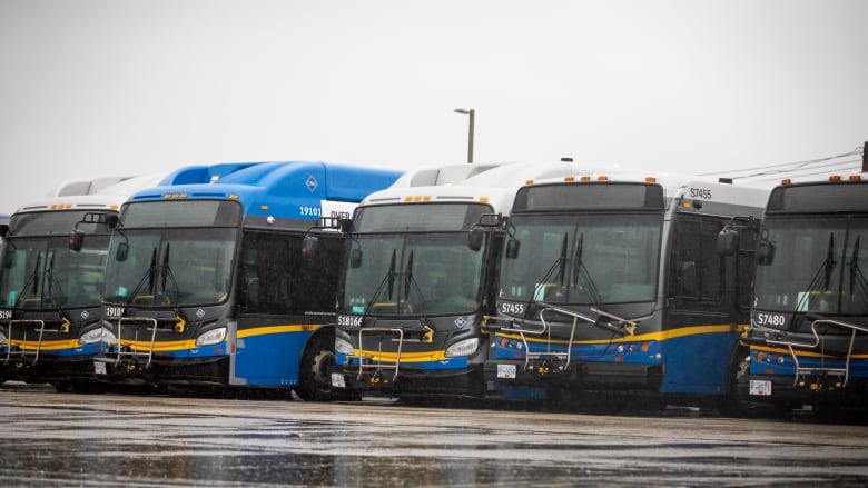 Empty buses are pictured at the Coast Mountain Bus Company Surrey bus depot in Surrey, British Columbia on Monday, January 22, 2024. 