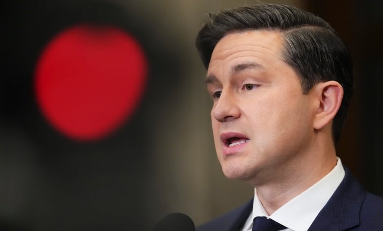 Conservative Leader Pierre Poilievre speaks to reporters in the foyer of the House of Commons on Parliament Hill in Ottawa on Monday, Nov. 6, 2023.