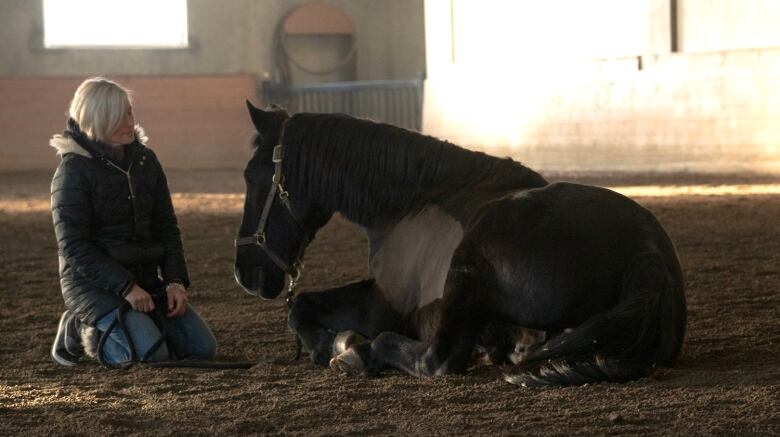 A woman sitting with a horse