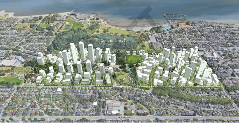 A bird's eye view of a large number of towers, next to greenery and water near a beach, in an architectural rendering.