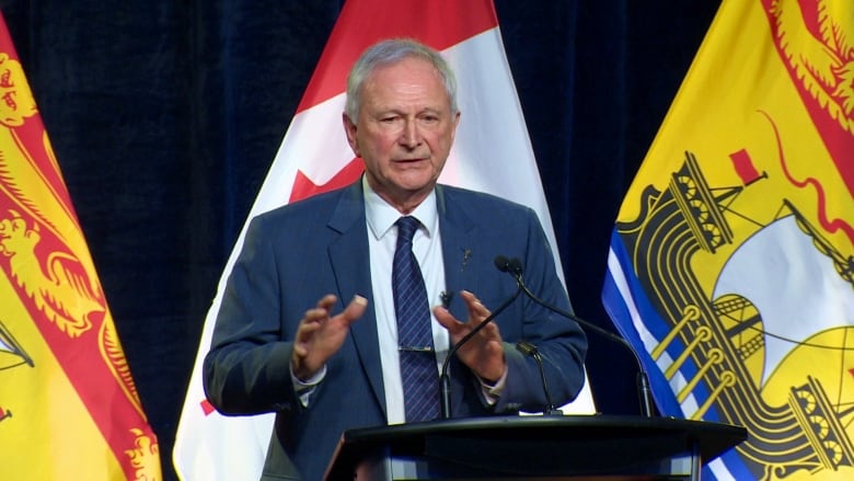 A man with grey hair wearing a blue suit and standing behind a podium. Behind him are two New Brunswick flags and a Canadian flag.