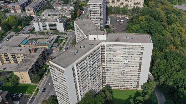 A drone image shows one of the largest apartment buildings in the Thorncliffe Park neighbourhood.