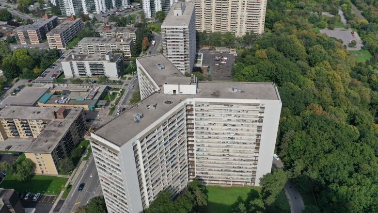 A drone image shows one of the largest apartment buildings in the Thorncliffe Park neighbourhood.