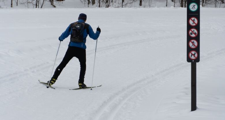 A man wearing a blue jacket and black backpack skies along a trail.