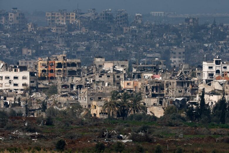 An overhead view of damaged buildings with trees in the foreground.