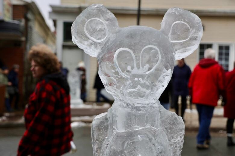 Ice sculpture of Mickey Mouse.