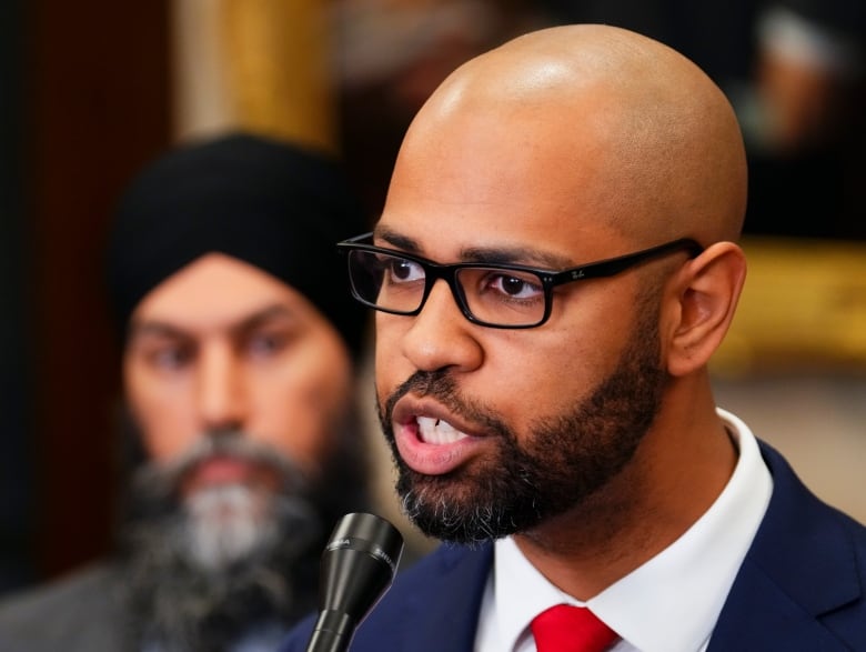 Stephen Brown, CEO of the National Council of Canadian Muslims speaks on Parliament Hill in Ottawa on Monday, April 17, 2023. 