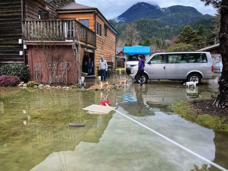 A flooded section of a property with a house and minivan in the background.