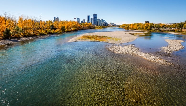 Water is shown with a skyline in the background.