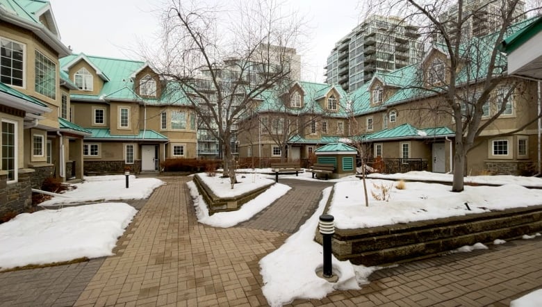 The inside courtyard of the River Run townhouse complex in Eau Claire is shown. There are a several brick pathways leading up to the individual homes.