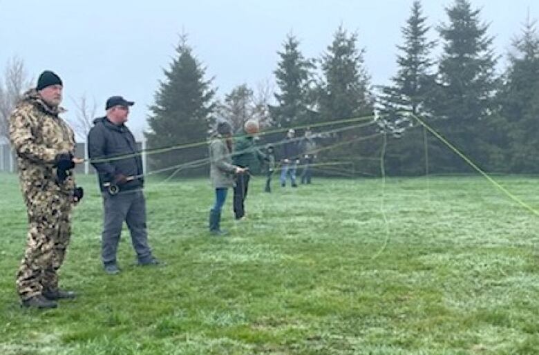 Seven people standing in a line on a green field, holding fishing rods doing casting lessons. 