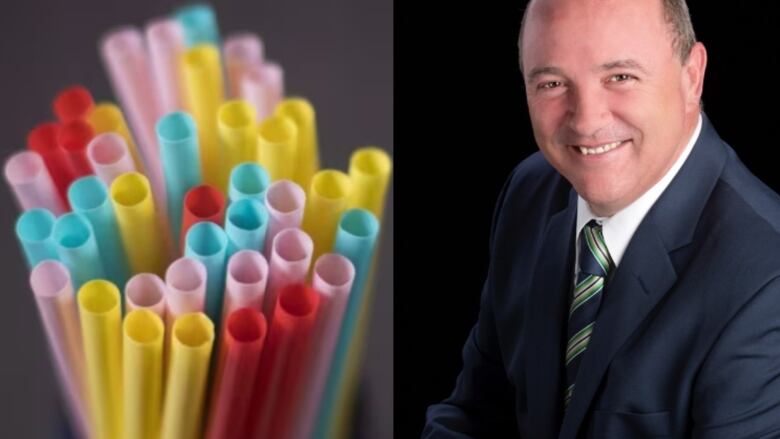 Plastic drinking straws are seen on the left, a man in a blue suit on the right.