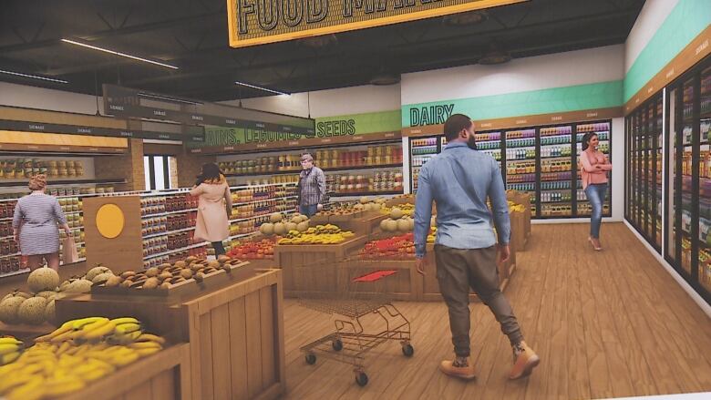 An artist rendered photo of what the Community Food Hub will look like. People browse in a space that resembles a grocery store, with produce and refrigerated goods.