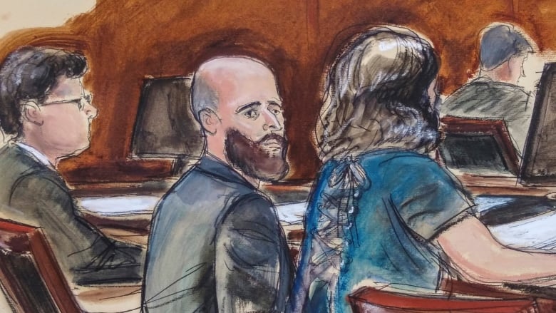 A sketch shows a balding, bearded man sitting at courtroom table.