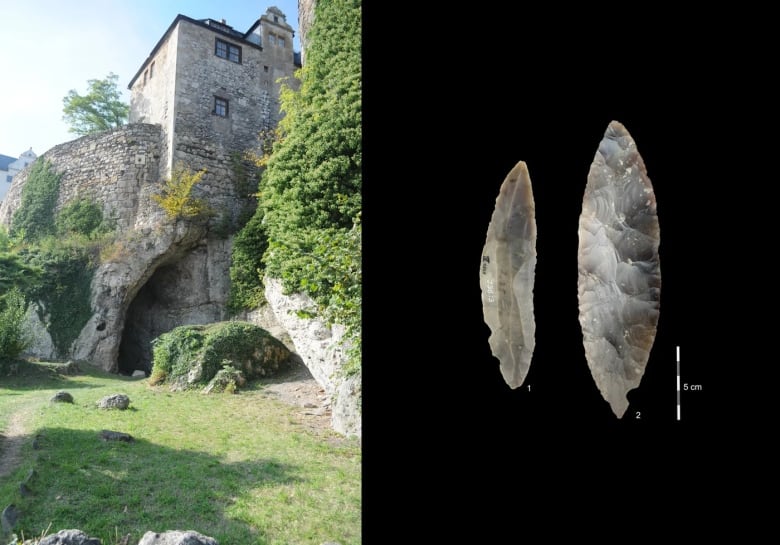 A combined image. On the left, a cave opening is seen underneath a castle. On the right, several leaf-shaped stone tools against a black background.