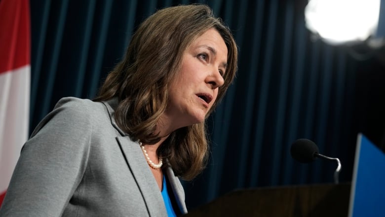 A woman with brown hair wearing a grey shirt stands in front of a black backdrop.