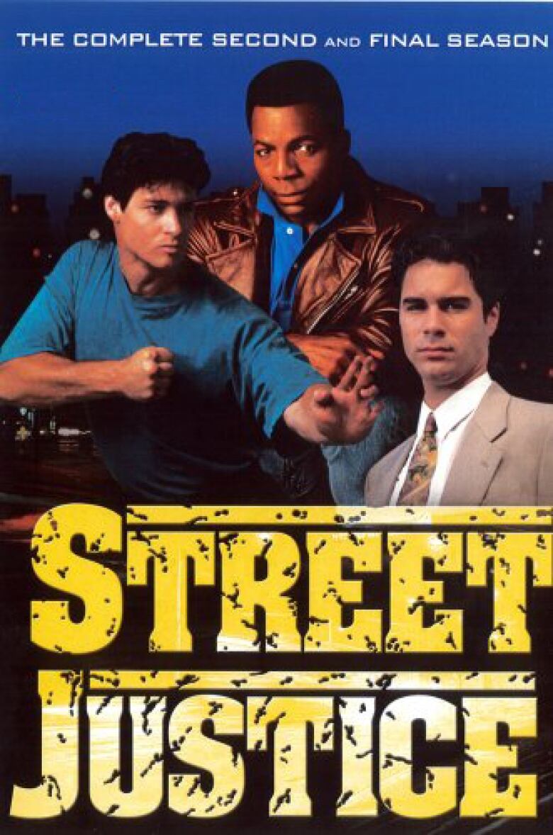 A poster titled 'Street Justice', 'The complete second and final season'. Two white men flank a Black man above a cityscape.