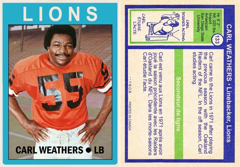 A football card of a Black man wearing orange. The name is 'Carl Weathers' and his position is linebacker.