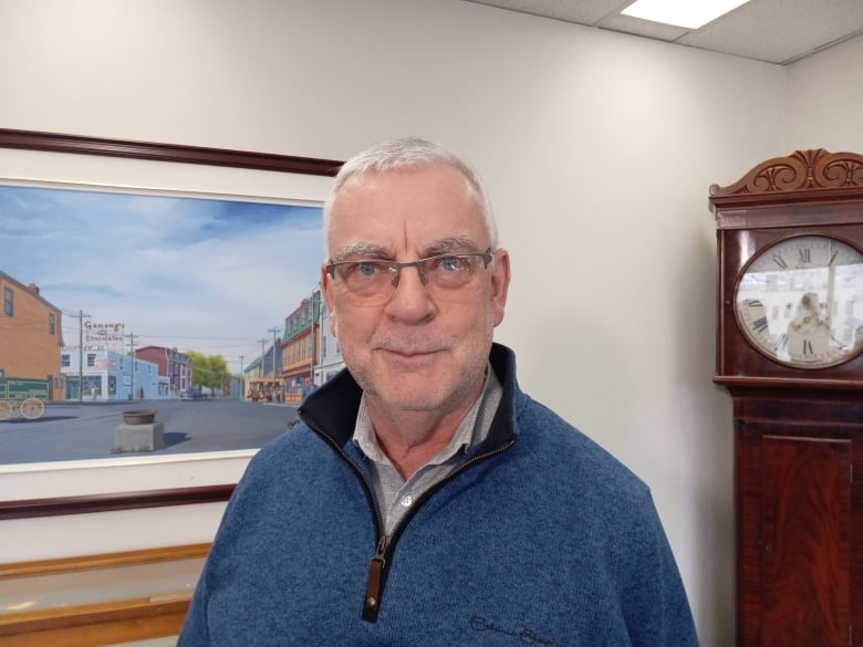 Man with glasses in blue sweater. Behind him is painting is a street and clock