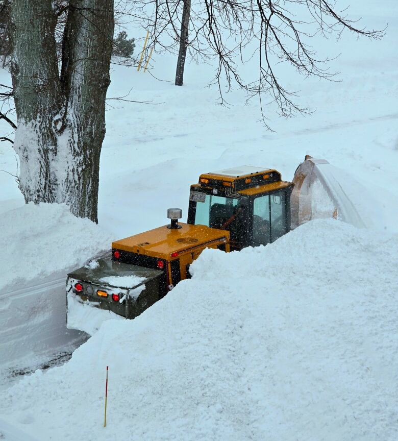 A plow clears a narrow path on a sidewalk.