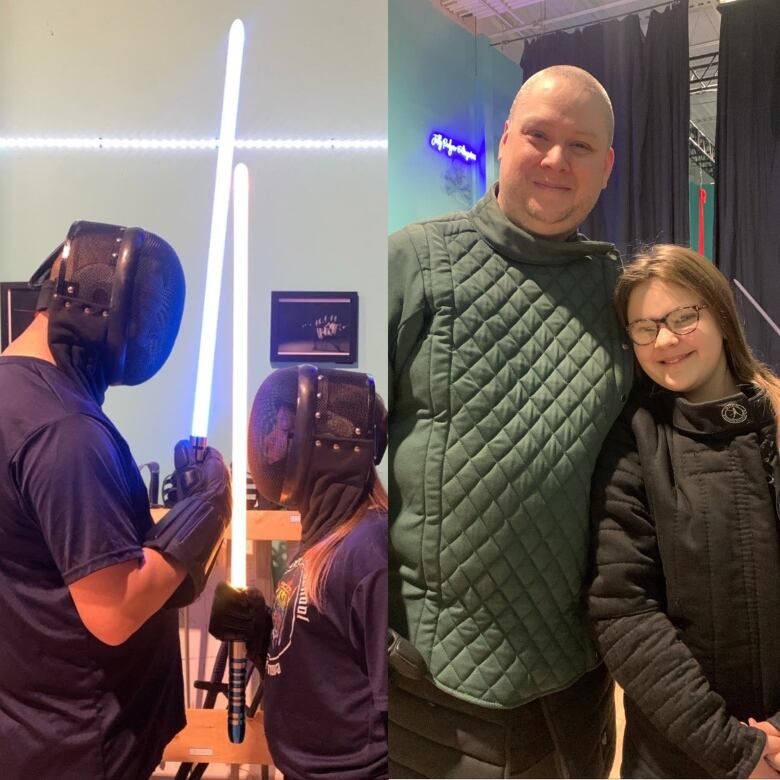 a middle aged man stands with his young daughter, alongside a photo of them holding light sabers toward each other 