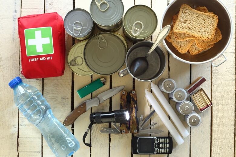 Items for emergency on wooden table