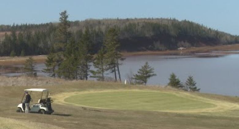 A golf cart is parked next to a putting green with red sand cliffs and the blue sea in the background.