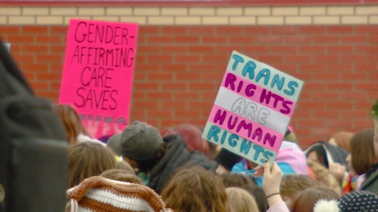 A crowd of students hold signs outside a red brick building. 