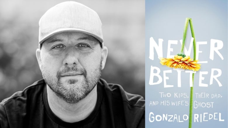 A composite image of the author's black and white portrait of him wearing a baseball cap and the book cover with the title written in white over a blue background and a flower wilting over it