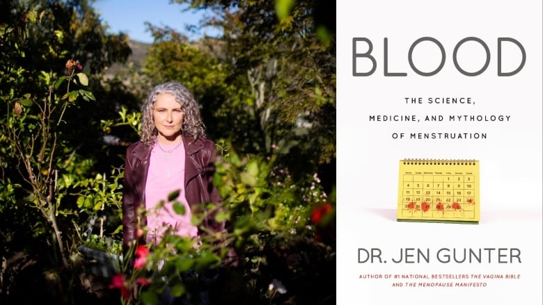 A collage featuring an image of a white woman with grey hair standing amongst some greenery, and the white cover of her book that has a yellow calendar with blood stains that reads 