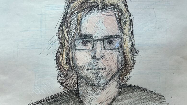 A sketch of a man with shoulder length hair and wearing glasses. 