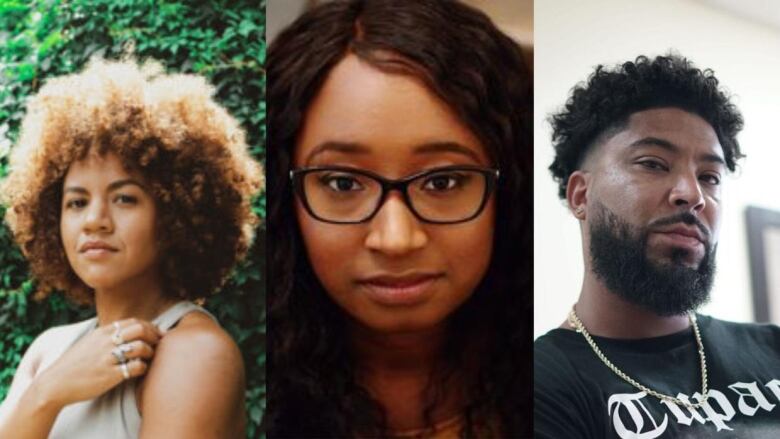 To the left, a woman with an afro, in the middle, a woman with glasses, to the right, a man with a black t-shirt. 