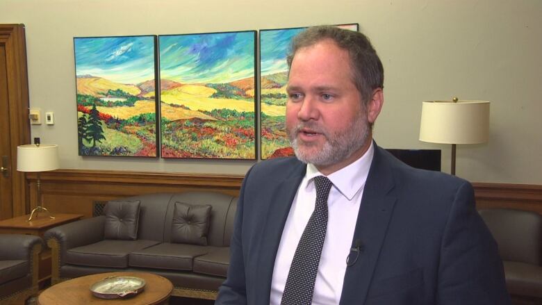 A man an blue suit and white shirt with a patterned tie is pictured in a large office with a bright picture of a scenic valley in the background.