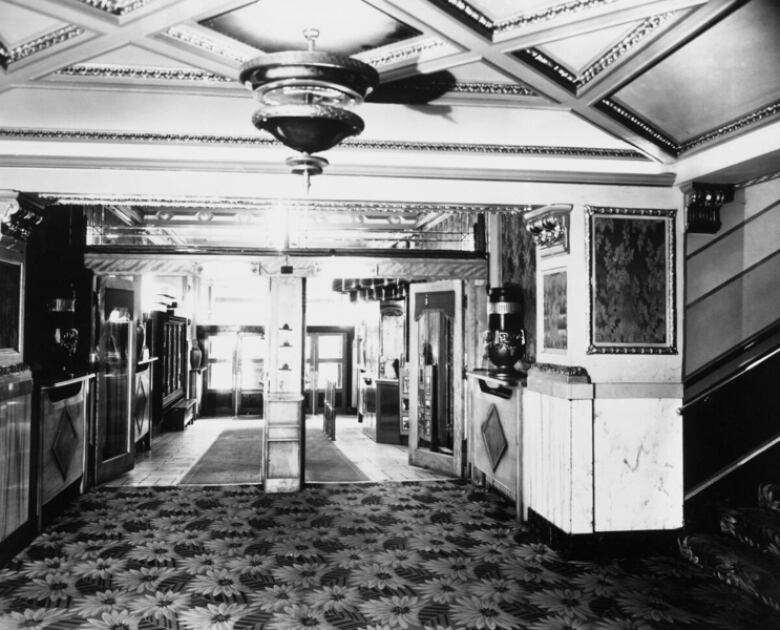 A black and white image of a lobby.