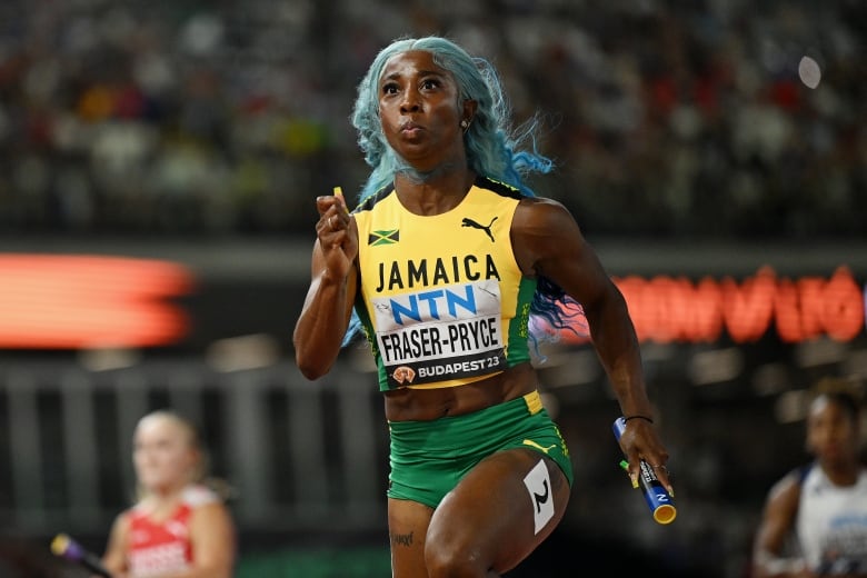 Female sprinter of Team Jamaica competes in the Women's 4x100m Heats during day seven of the World Athletics Championships Budapest 2023 at National Athletics Centre on August 25, 2023 in Budapest, Hungary.  