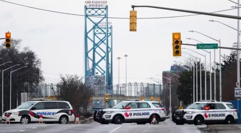 The Ambassador Bridge, linking Detroit and Windsor, Ont., is shown Feb. 10 amid protests over public health restrictions linked to the pandemic. 