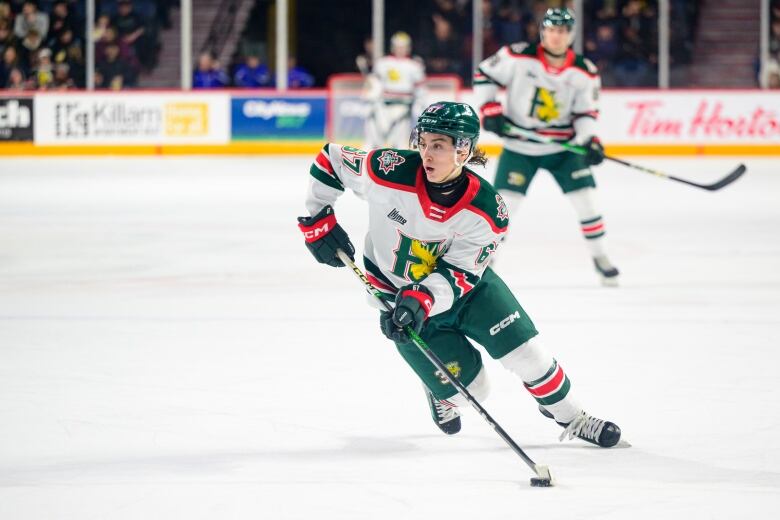 A hockey player who shots left is shown on the ice.