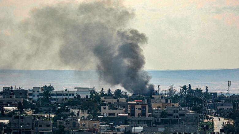 Smoke is shown rising from buildings located on coastal land in a photo taken from a distance.