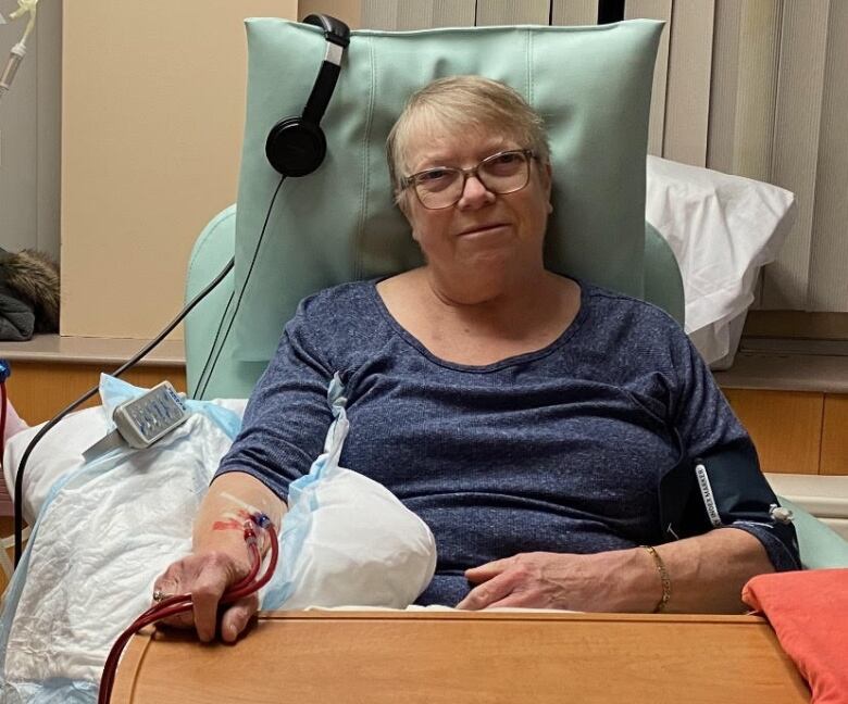 Maureen McBratney receiving dialysis treatment.