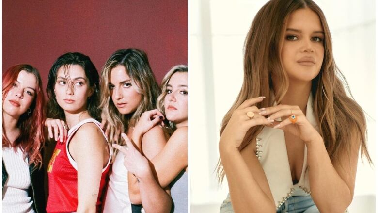 A band photo of four young women posing together, and a single photo of a woman posing for the camera. 