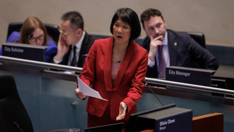 Olivia Chow addresses city council during a budget debate  her first as mayor  at city hall, in Toronto, on Feb. 14, 2024.