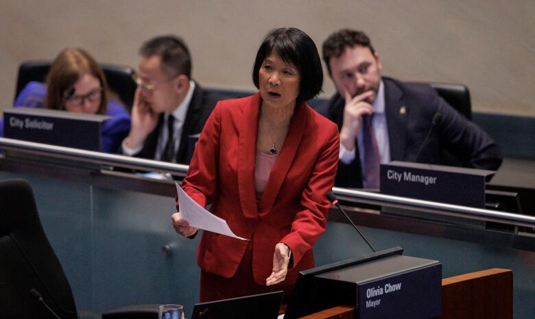 Olivia Chow addresses city council during a budget debate  her first as mayor  at city hall, in Toronto, on Feb. 14, 2024.