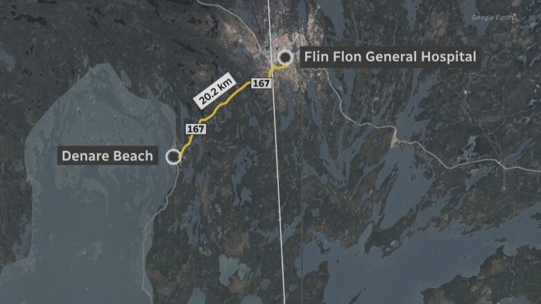 A map that shows Denare Beach, Sask., is approximately 20 kilometres from Flin Flon. 