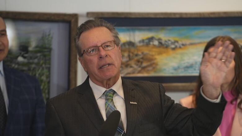 A man in a dark suit and green tie talks to media. 