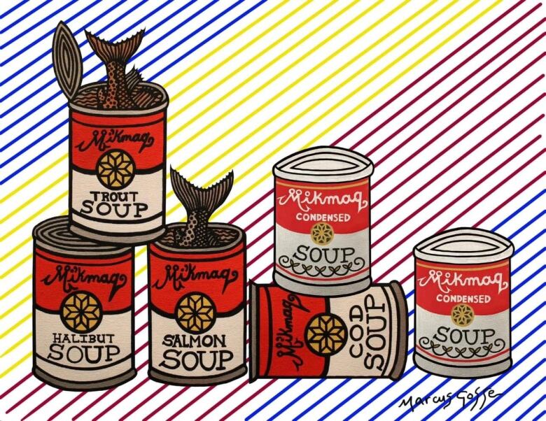 Six painted soup cans, two with a fish tail sticking out, depict different kinds of soup - salmon, cod, trout, and halibut. 