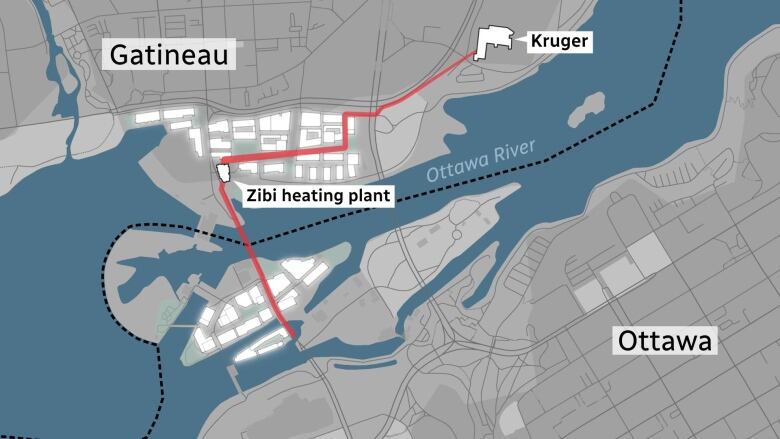 Map with a river, and white buildings on either side, with a red line representing the heat travelling