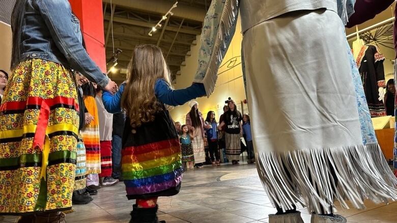 Women holding hands wearing ribbon skirts and dancing